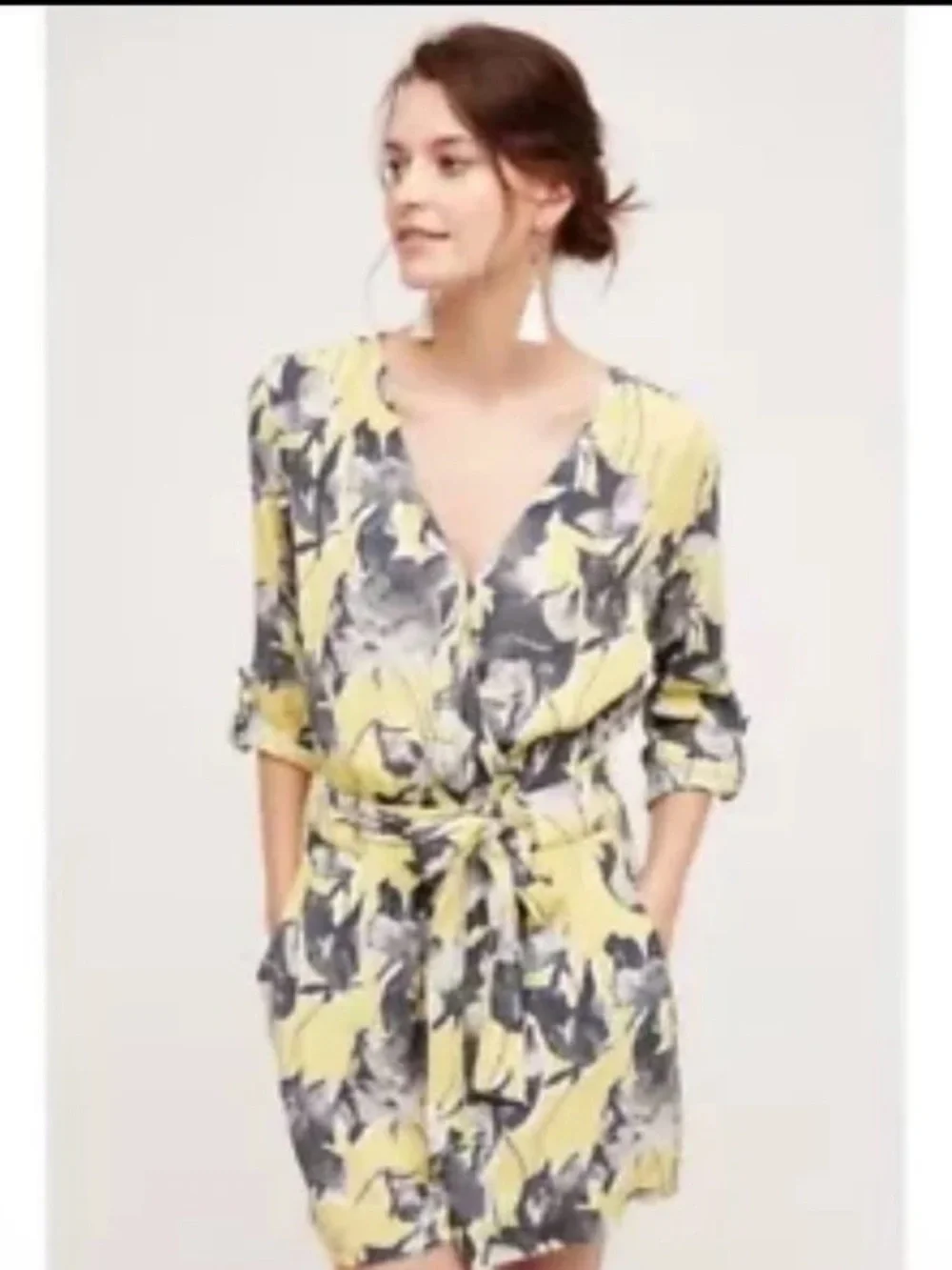 Anthropologie Elevenses Yellow Floral Somerset Romper Belted Medium Pockets